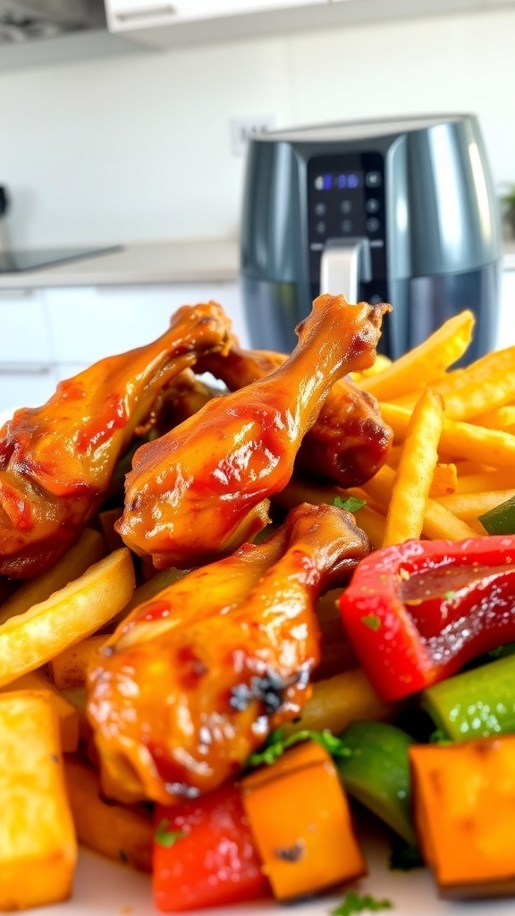 Air Fryer 9L Recipe Guide Crispy chicken wings, golden fries, and roasted vegetables from a 9L air fryer on a plate.